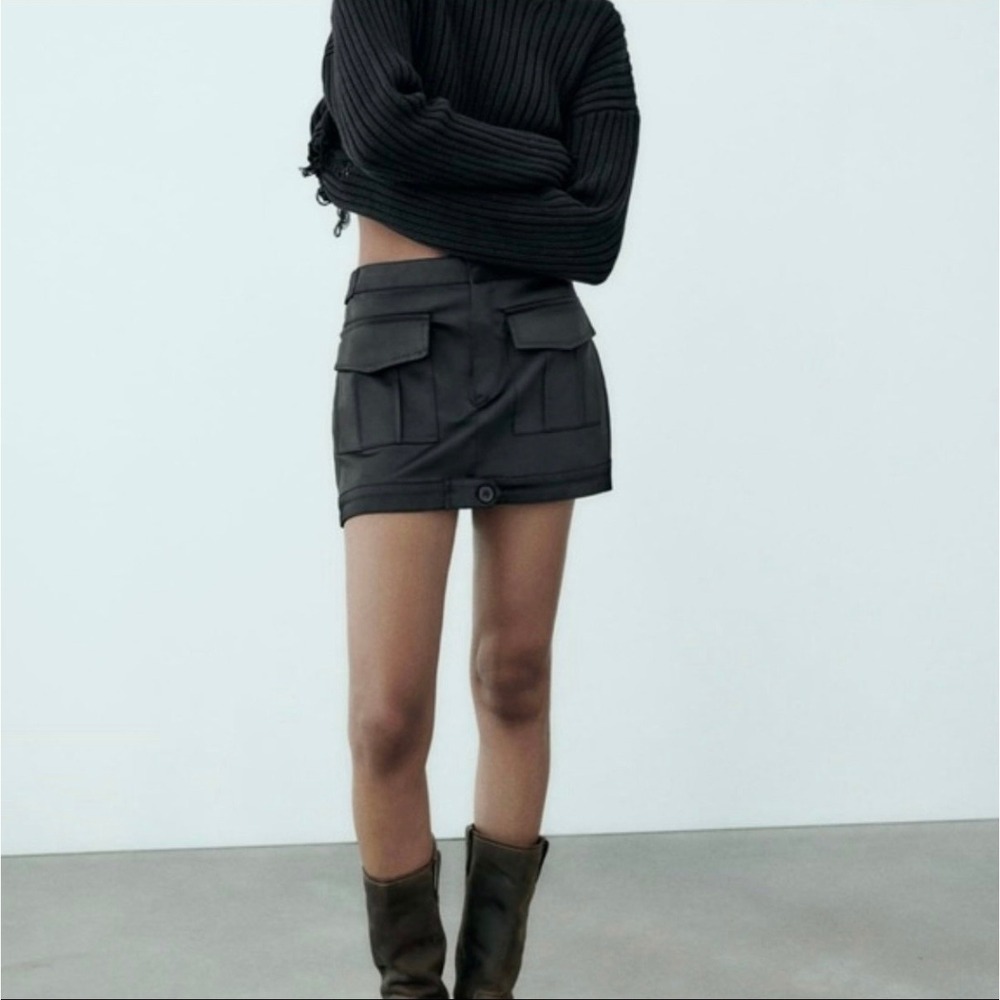 Zara Black Satin Cargo Mini Skirt Utility Front Pocket Flap S